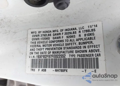 2015 Honda Civic Ex-L z USA, uszkodzony, nr VIN 19XFB2F97FE022552